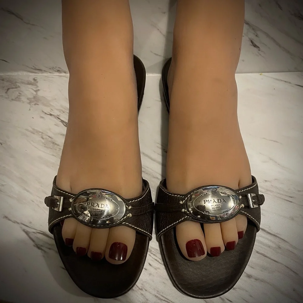 Prada Women's Dark Brown Sandals with Silver Accents - Picture 3 of 7